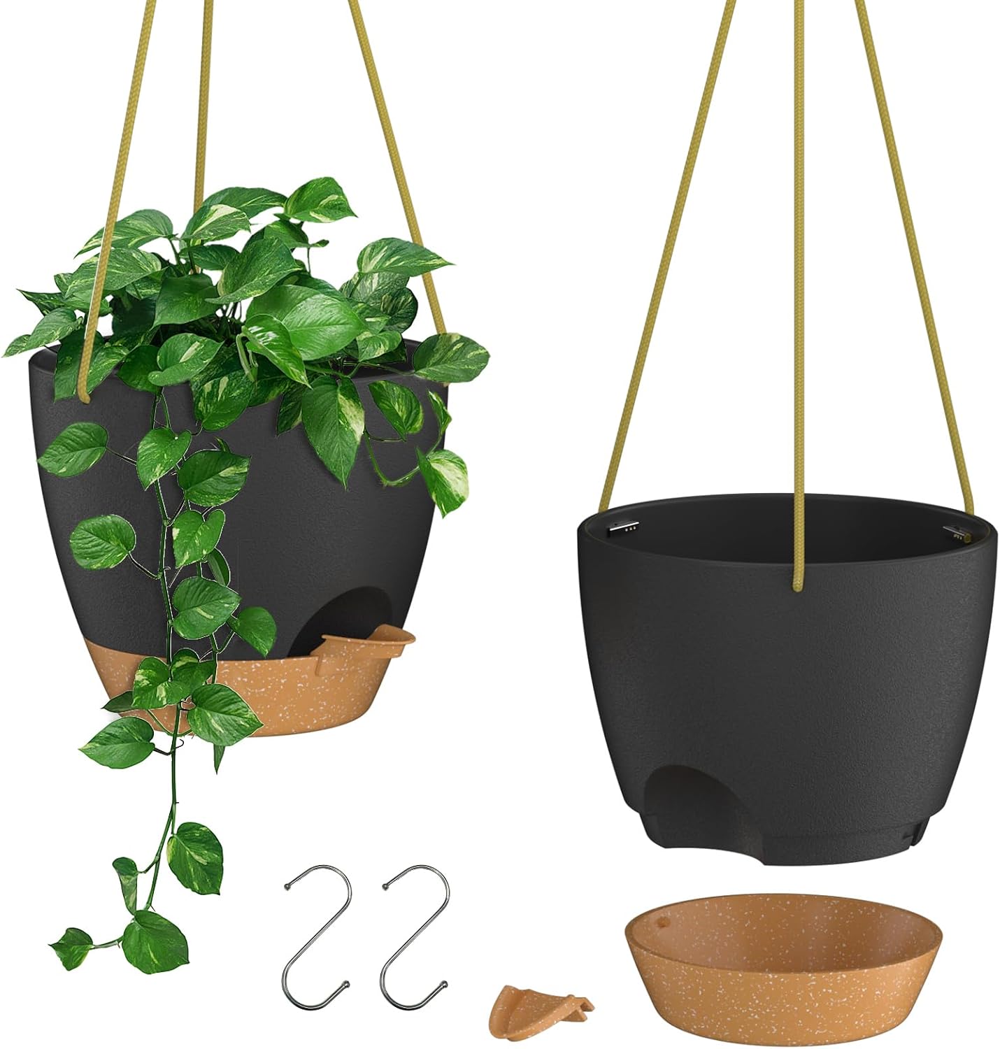 ZMTECH 25cm Hanging Planters with Watering Inlet 10 Inch Self Watering Plant Pot with Drainage Holes and Removable Saucer Plastic Flower Pot for Indoor Outdoor Plants Black