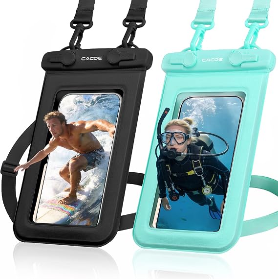 CACOE Floatable Waterproof Phone Pouch 2 Pack Up to 9.0", Black+Green