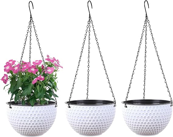 Hanging Flower Pots, Set of 3, Self-Watering Hanging Plant Pots with Water Reservoir & Drainage Hole Honeycomb Hanging Basket with Rustproof Chains for Indoor Outdoor 6.5" 8.2" 10"