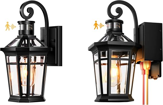 Black 1-Pack Motion Sensor Outdoor Wall Lights, 1-Pack Front Porch Light with GFCI Outlet, Modern Coach Lights for Garage, Waterproof Exterior Wall Sconce Lantern, Outside Wall Light Fixture