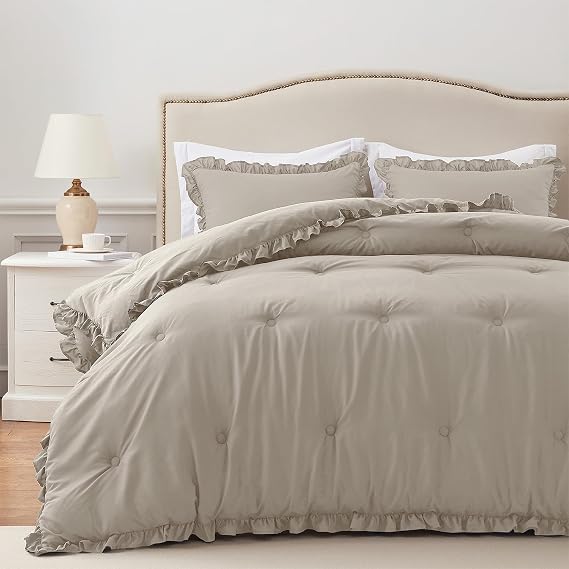 Queen Comforter Set Linen - Ruffle Comforter for Queen Size Bed, Fluffy Queen Size Comforter Set for All Seasons, 3 Pieces(1 Comforter & 2 Pillow Shams)