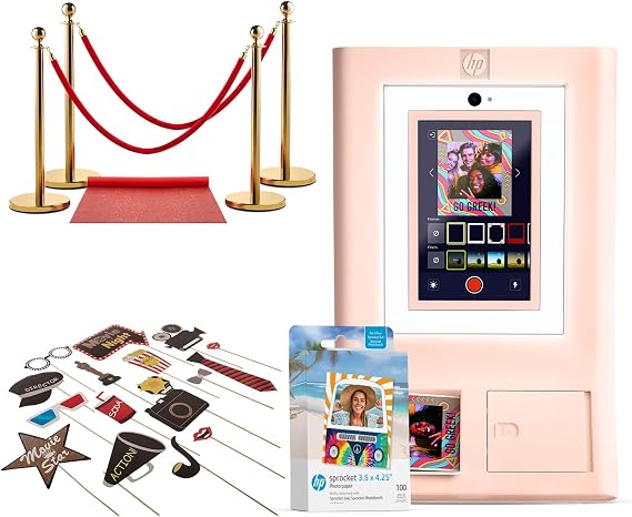 HP Sprocket Photo Booth Machine Instant Color Photo Printer Pink + Zinc Paper 100 Sheets + Red Carpet Bundle + Hollywood Props Set