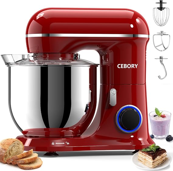 CEBORY 3-IN-1 Stand Mixer, 6.5 QT Tilt-Head 10-Speed Food Mixer, Kitchen Electric Mixer with Dough Hook, Beater, Whisk, Bowl for Most Home Cooks, Red