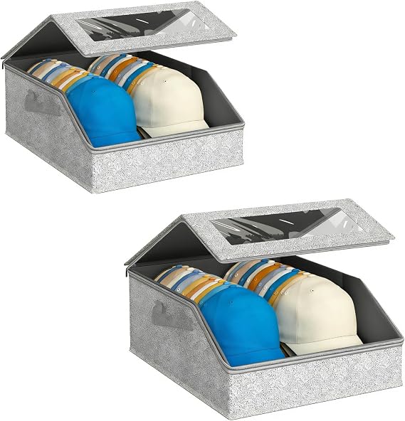 Hat Storage Box Organizer, 2-Pack, Stackable with Clear Windows, Holds 48 Baseball Caps, Grey