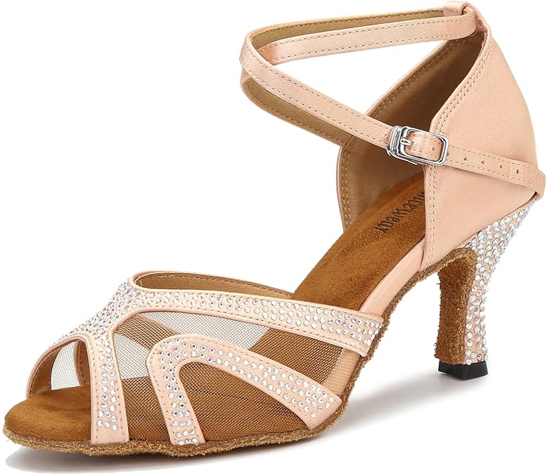 TTdancewear Rhinestones Ballroom Dance Shoes Women Latin Salsa Bachata Performance Dance Shoes Suede Sole