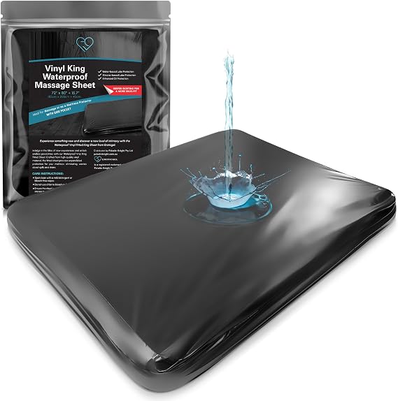 Vinyl Waterproof Mattress Protector King 72x80in, Wipe-Clean Black | Phthalate-free wipe-clean fitted sheet, 15.75in deep pocket, side pocket & repair kit. For massage oil, water & silicone