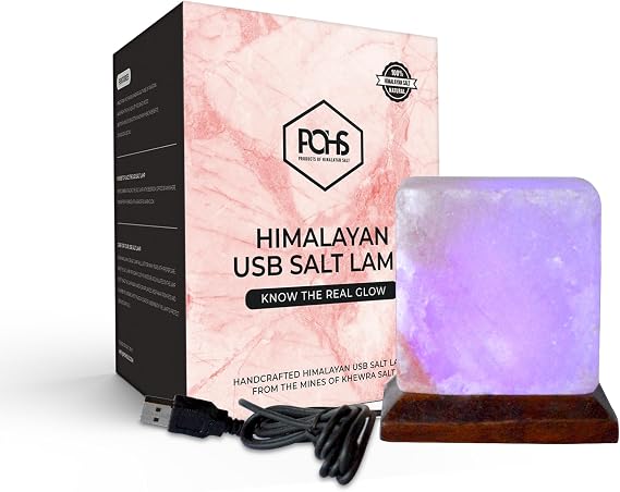 POHS USB Himalayan Mini Cube Salt Lamp, 7 Color Changing LED Bulb, Hand Crafted Crystal Rock Salt Night Light for Home Decor, Desk, and Gift | Premium Quality Wood Base and USB Cable