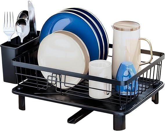 Dish Drainer Rack with Drip Tray, Kitchen Counter Sink Dishes Drainer with Drainage Spout, Stainless Steel Detachable Dish Drying Rack for Kitchen Counter Space-Saving
