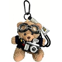 7 Inch Plush Bear Keychain, Bear wear Dark Blue sweater with Camera and Goggles, Gray Bear keychain for Bag Charms, Gift for Women's Purse Handbag, Backpack Accessories