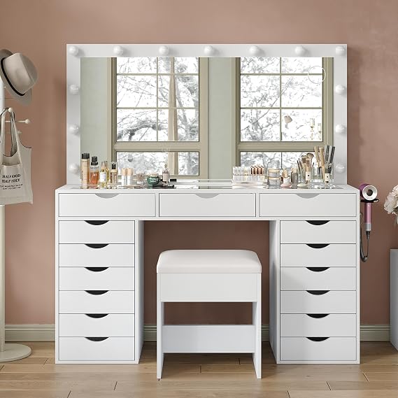 FUSOU 55'' W Vanity Desk with Power Outlet, Makeup Vanity with Lighting Mirror, 3 Lighting Modes Adjustable,15 Drawers Vanity Table with Chair, Glass Top, Vanity Set for Bedroom, Dressing Room