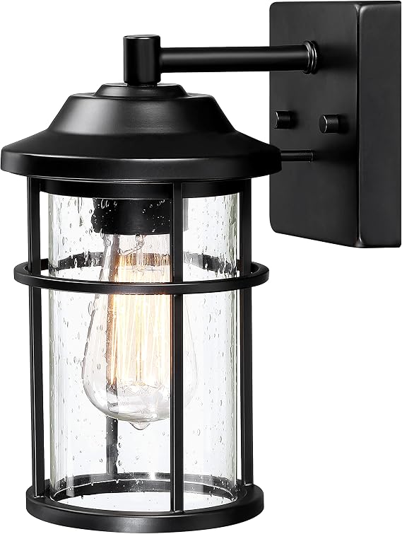 Outdoor Wall Lantern, Exterior Waterproof Wall Sconce Light Fixture, Anti-Rust Black Wall Mount Lighting with Seeded Glass Shade, E26 Socket Front Porch Lights for Outside, Modern House, Garage, Patio