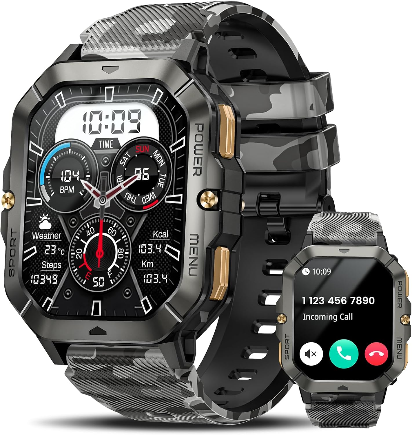 Military Smart Watches for Men AnswerMake Calls, 2.02 Fitness Smart Watch for Android and iPhone, Waterproof Fitness Tracker with Blood PressureHeart RateSleep Camouflage
