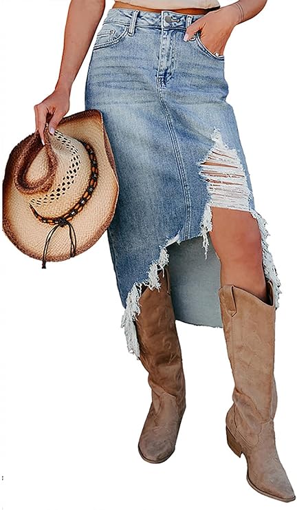 Women's Preppy Ripped Slit Denim Skirt Frayed Raw Hem Asymmetrical Trendy Midi Western Jean Skirts