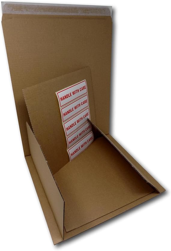 EPOSGEAR 12" Record Vinyl LP Strong Peel and Seal Corrugated Board Card Manilla Brown Envelopes Mailers 370mm x 340mm with Handle With Care Labels and Stiffeners (10 Mailers and 20 Stiffeners)