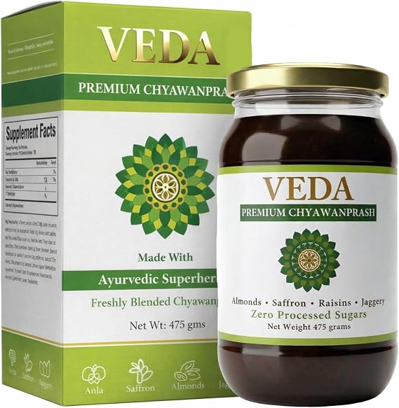 VEDA Premium Chyawanprash (Sugar Free) | 16.7 Oz | Ayurvedic Herbal Jam with Amla & Ashwagandha | Fortified with Almonds & Saffron