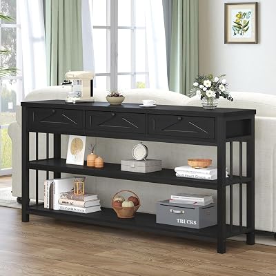 HSH Black Entryway Table with Drawers, 55” Sofa Table with Storage for Living Room, 3 Tier Console Tables with Shelves for Entrance, Wood Metal Entry Hallway Table Behind Couch, Black Oak, 55 Inch