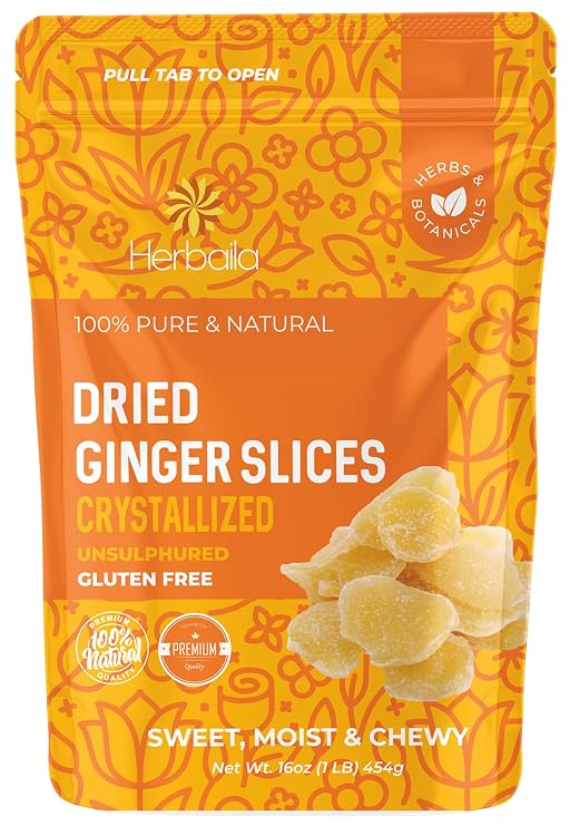Herbaila Dried Crystallized Ginger Slices 16 oz. Unsulphured Dried Ginger Candy, Crystalized Ginger Pieces. All Natural, Non-GMO