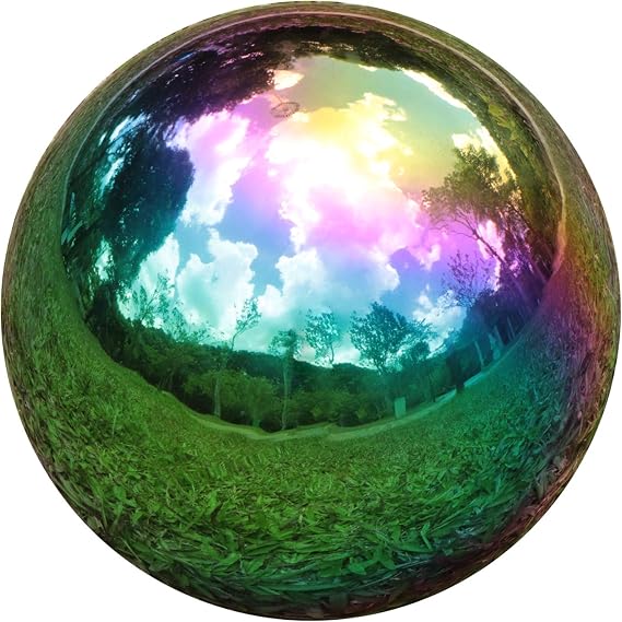 Kesywale Rainbow Gazing Globe Mirror Balls for Garden Home Stainless Steel Shiny Hollow Sphere Sparkling Outdoor Ornament (8 Inch)