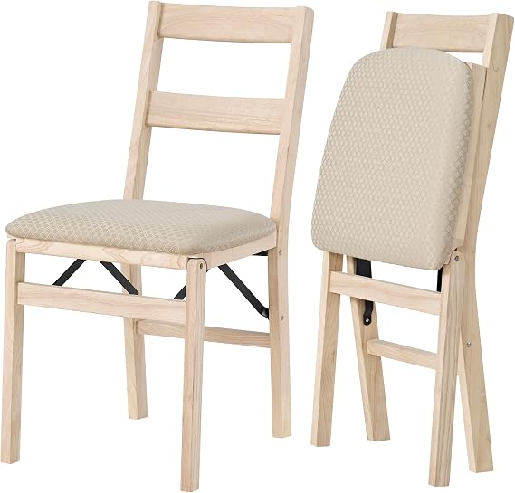 Stakmore Slat Back Wooden Folding Chairs with Padded Seats, Set of 2 - No Assembly Foldable Dining Chairs, Steel Folding Mechanism, Upholstered Cushion, Space-Saving, Unfinished Frame