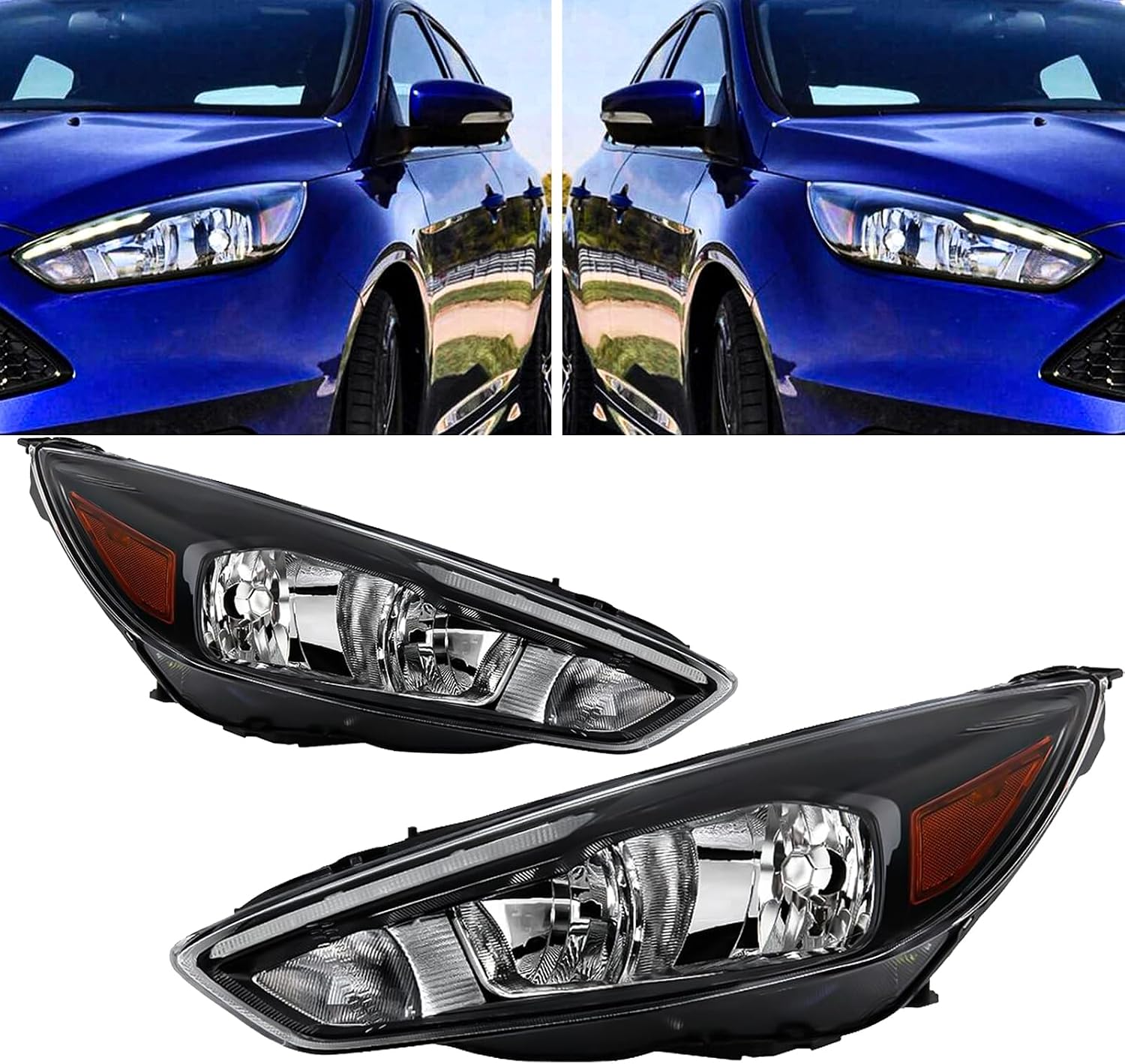 Headlights Assembly compatible with 2015 2016 2017 2018 Ford Focus Halogen Model Headlamp,Black Housing Amber Side