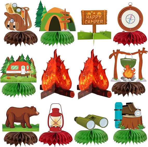 kockuu Camping Party Decoration, 12 Pcs Happy Camper Honeycomb Centerpieces Table Decor Adventure Cake Topper for Birthday Shower Campfire Adventure Club Anniversary Party Supplies