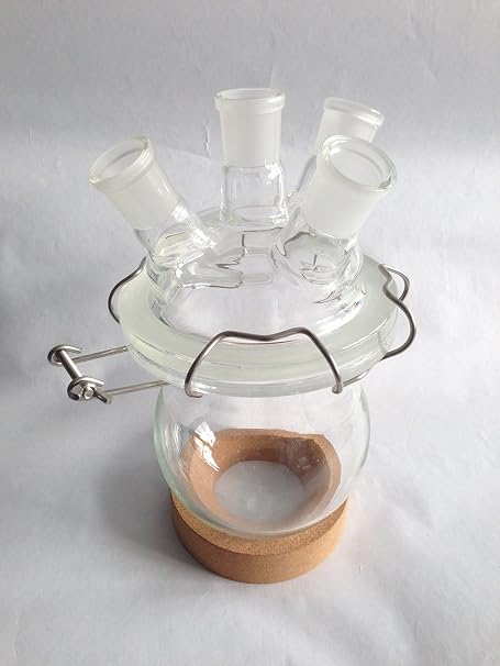 1000ml,Glass Reaction Reactor,4-Neck,Lab Chemistry Vessel with Lid and Clamp