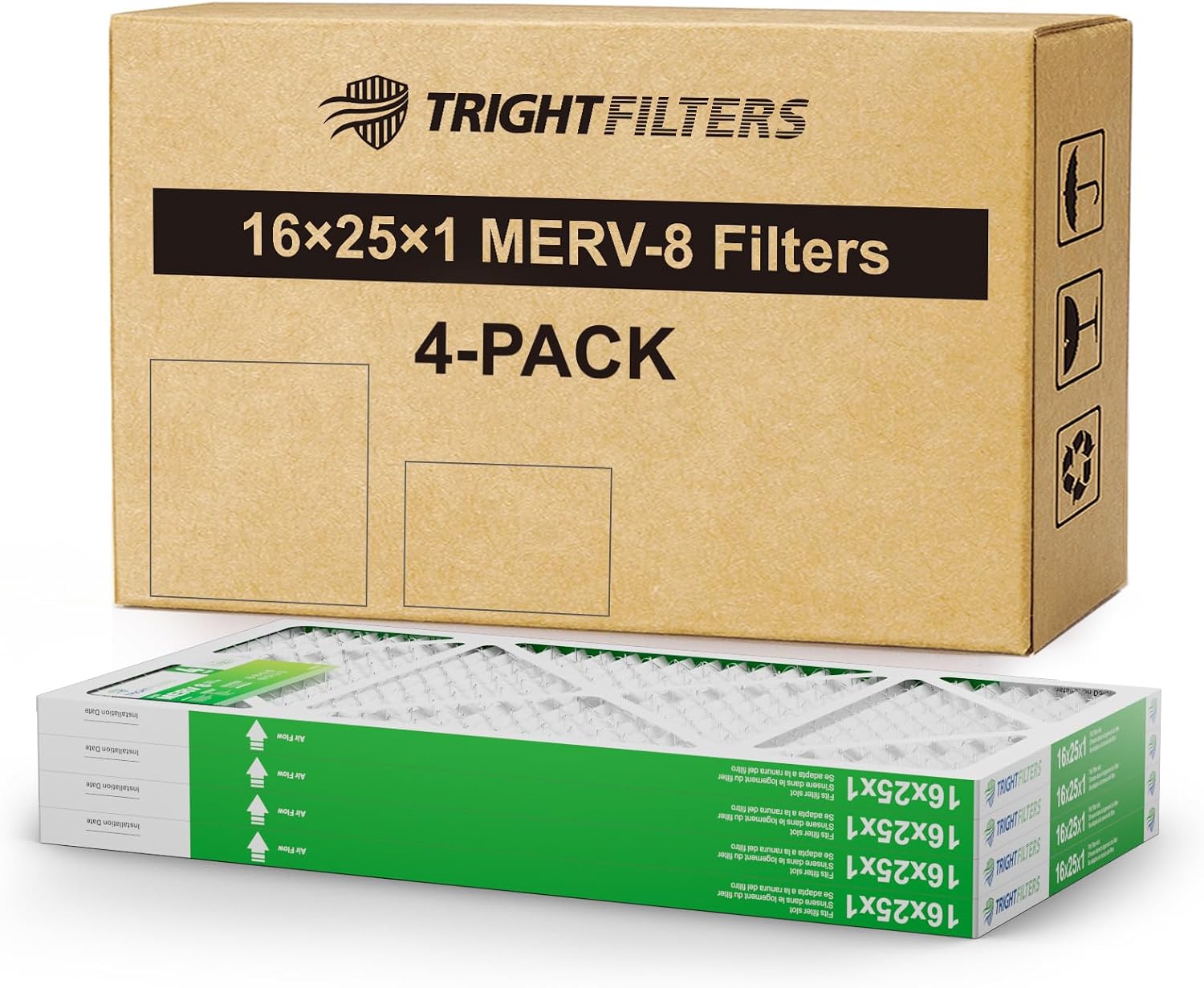 TRIGHTFILTERS 16x25x1 Air Filter 4 Pack, MERV 8 Pleated Dust Defense Air Filters Replacement Air Conditioner HVAC AC Furnace Filter, Durable and Lightweight