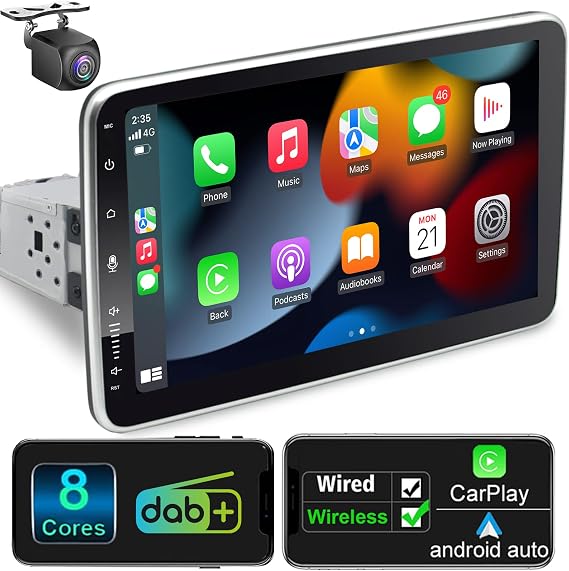 Android 12 Car Radio with Navigation 10.1 Inch Screen Built-in DAB+ Wireless Android Car & Wireless Carplay 1 DIN Car Radio Touch Display with Bluetooth 8 Core 2G + 32G WiFi 4G GPS RDS AM Reversing Camera