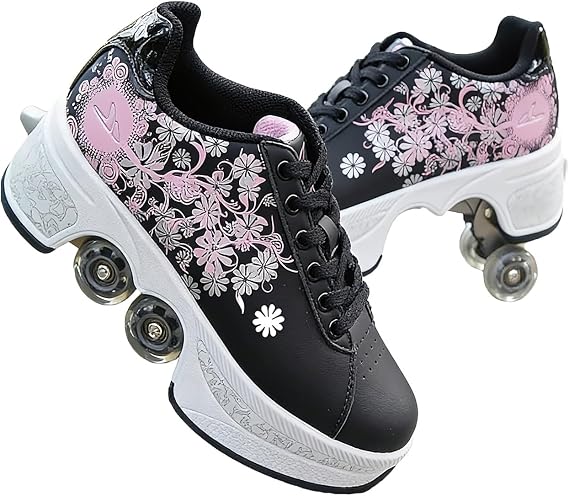 2-in-1 Retractable Roller Skate Shoes | Unisex 4-Wheel Skates for Indoor & Outdoor Fun | Convertible Quad Roller Skate Shoes | 4-Wheel Pop-Up Sneakers for Unisex Kids Adults
