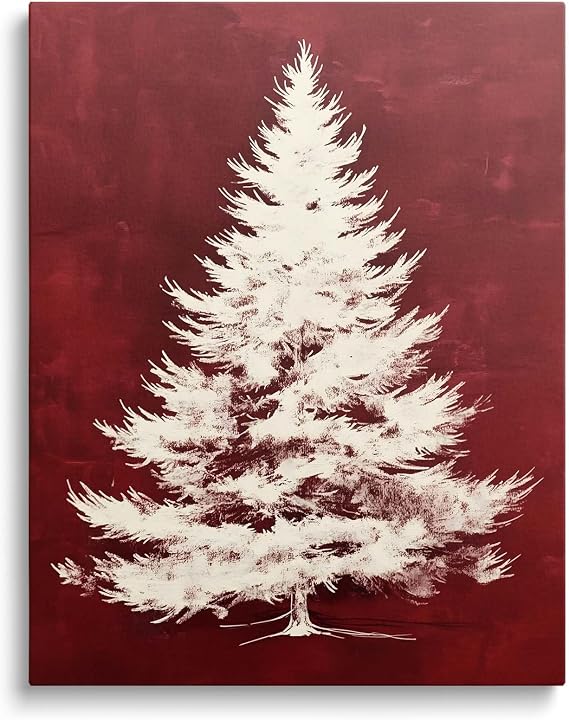 ART Christmas Canvas Wall Decor White Christmas Tree on Red Canvas Print Winter Scene Holiday Decor Pictures Print Poster Framed Wall Painting for Living Room Bedroom 16x20inch