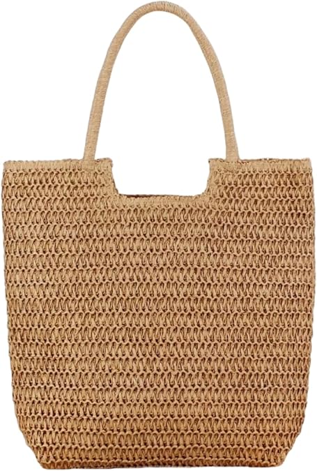 JOLLQUE Straw Shoulder Bag for Women,Large Woven Tote Handbag Purse,Holiday Summer Beach Zipper Clutch Bags(Khaki)