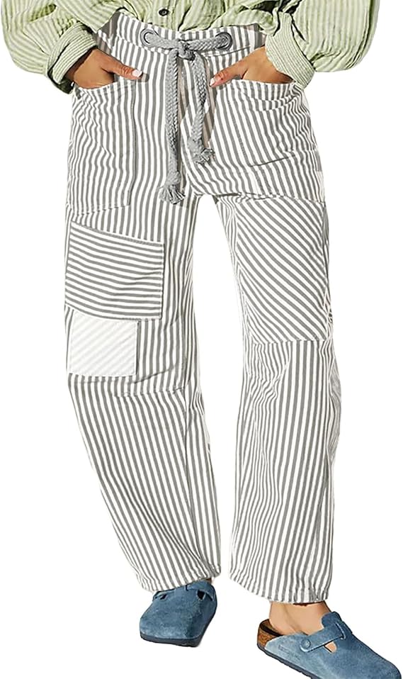 Pivanzore Baggy Barrel Jeans for Women Y2k Striped Drawstring High Waist Straight Wide Leg Boyfriend Jeans Mom Denim Pants