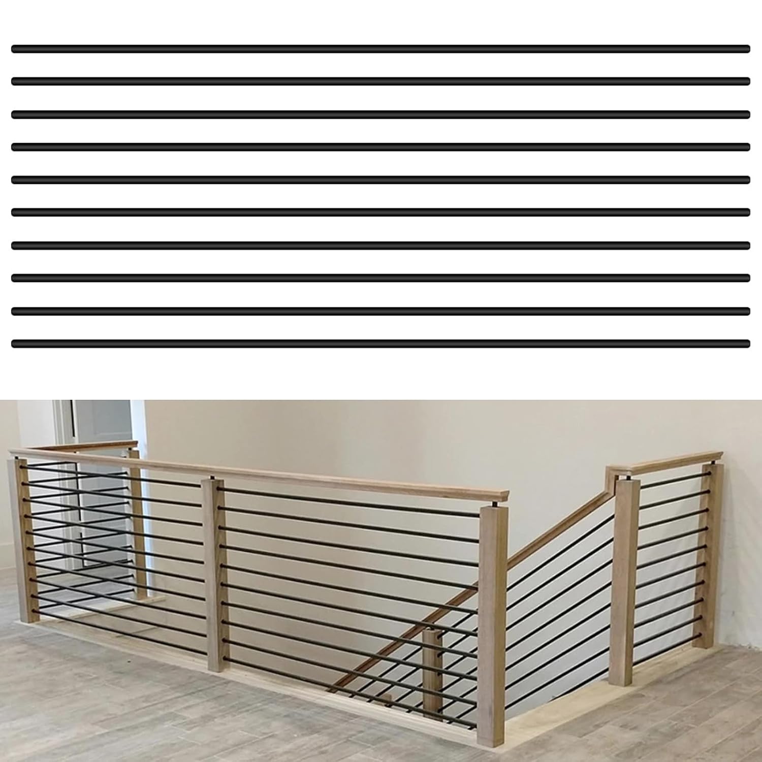 10 Pack 5 FT x 58 inch Wrought Iron Stair Balusters,Round Horizontal Bar Deck Spindles,Satin Black Hollow Staircase Railings for Indoor & Outdoor Deck,Stair,Porch,Balcony