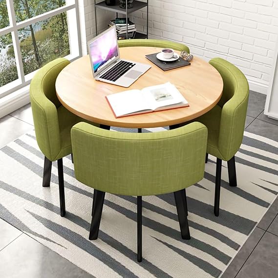 5-Piece Modern Dining Table Set for 4, Round Kitchen Table and Chairs with Upholstered Chairs & Metal Frame, Space-Saving Dining Furniture Set for Living Room, Kitchen