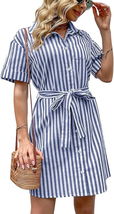ebossy Women's Boho Striped Shirt Dress Button Up Contrast Color Swing A Line Mid Long Dress with Belt