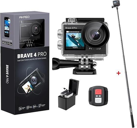 AKASO Brave 4 Pro Action Camera with a 1.2M Selfie Stick and a Tripod Bundle