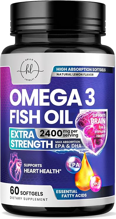 Omega 3 Fish Oil Supplements 2400mg Fish Oil - Triple Strength Omega-3 with EPA & DHA Fatty Acids - Natural Heart, Brain & Immune Support - Wild Caught, Gluten Free, Bottled in USA - 60 Softgels