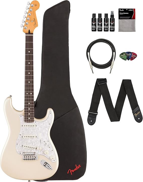 Fender Player II Modified Stratocaster - Olympic Pearl Bundle with Gig Bag, Strap, Cable, 3-Pack Picks, and Guitar Cleaning Kit