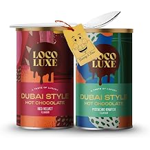 Instant Hot Chocolate Bundle Includes: 2x Loco Luxe Dubai Style Hot Chocolate | Red Velvet (275g) & Pistachio Knafeh (250g) Powder Drink Mix bundled with 1x Stainless Little Spoon by Donny & Dev