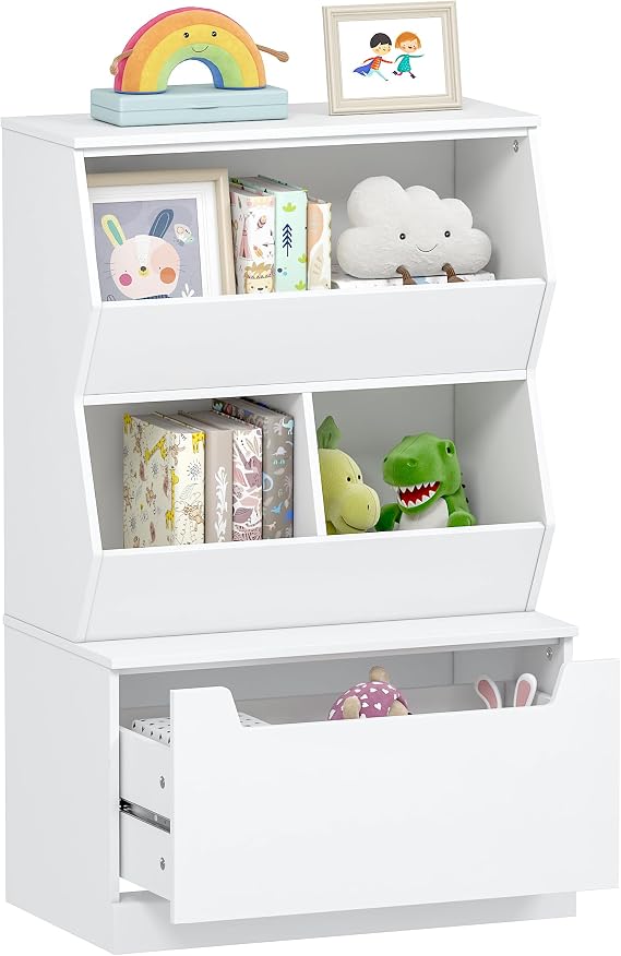 UTEX Slanted Kids Toy Storage Organizer, Children Storage Cubby with Drawer | Kids Bookshelf and Bookcase, Full-Width Smooth Drawer, Perfect Height for Kids, Toy Room, Playroom, Nursery, Wood, White
