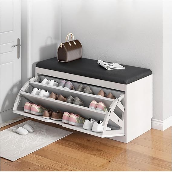 3-Tier Shoe Storage Bench, Entryway Bench with Flip Top Storage Space and Padded Cushion, Shoe Bench for Entryway, Shoe Rack Organizer for Entryway and Hallway