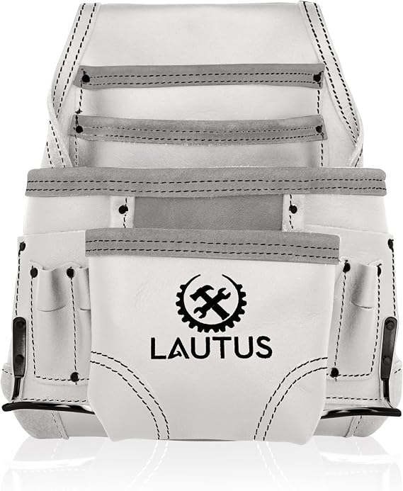 LAUTUS Oil Tanned Leather Tool Pouch Bag | White| Carpenter, Construction, Framers, Handyman | 10 Pockets, 2 Hammer Holders | 100% Leather