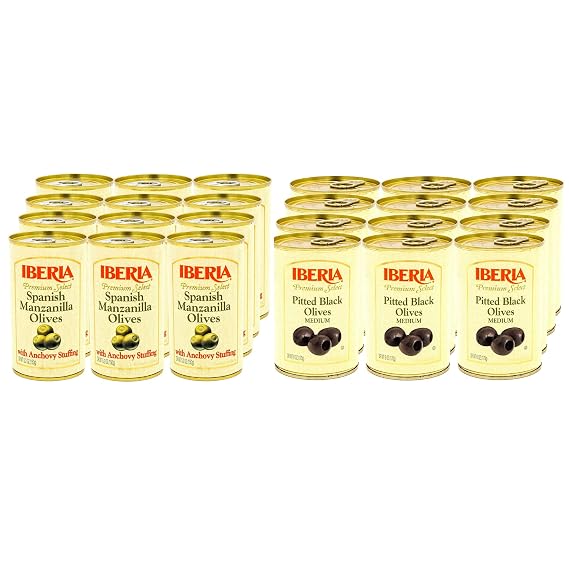 Iberia Spanish Olives Stuffed with Anchovies 5.25 oz (Pack of 12) + Iberia Pitted Black Olives 6 oz (Pack of 12)