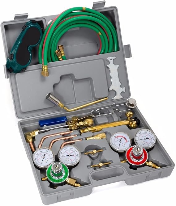 XtremepowerUS Oxygen & Acetylene Welding Brazing Cutting Torch Kit Gas with 3 Nozzle 11.5' ft Hose Gauge Regulator Set CGA 540 Goggles Carrying Case