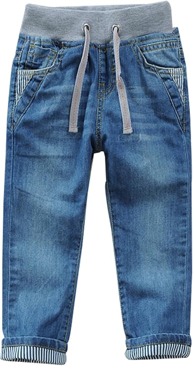 Toddler Kid Boy Elastic Mid Waist Washed Full Length Straight Pants Denim Jeans