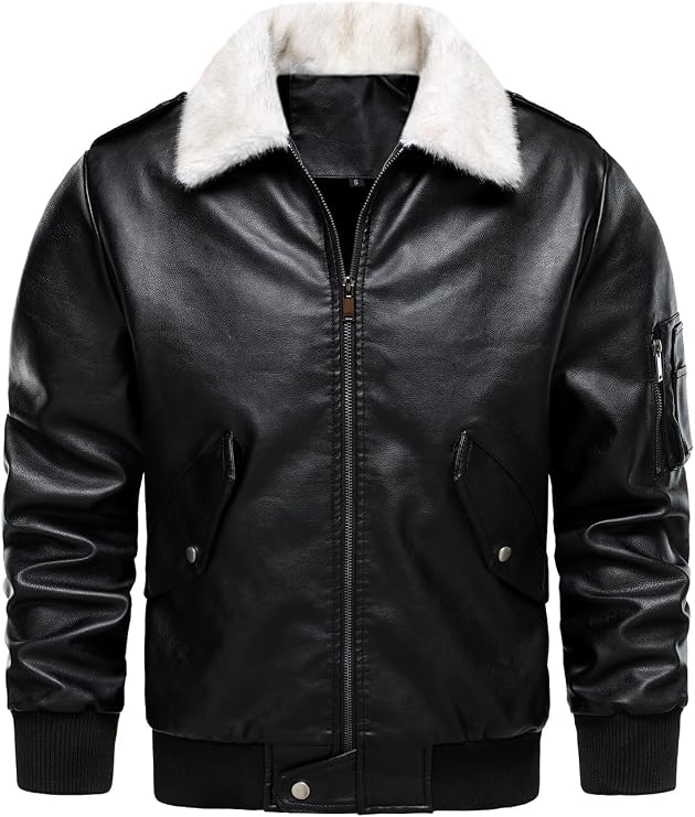 HOOD CREW Mens Faux Leather Aviator Bomber Jacket with Fur Collar Warm Fleece Lined Biker Jackets Vintage Winter Coats