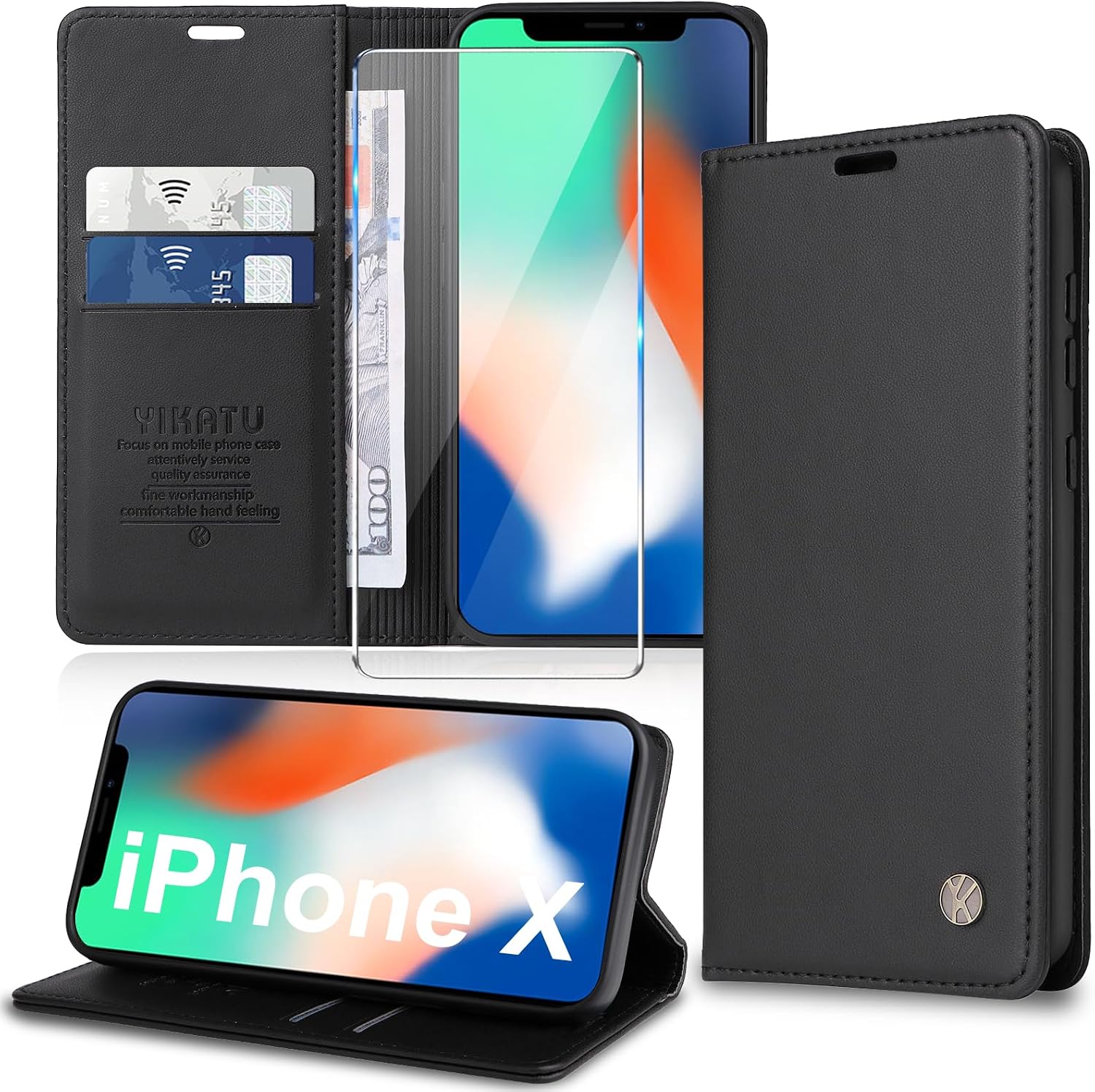 Migexxkj Mobile Phone Case for iPhone X iPhone XS Case [with Protective Film] [Premium PU Leather] Flip Case Card Slot Magnetic Stand Flip Case Cover Case Protective Case for iPhone X/XS 5.8 Inches