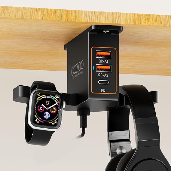 cozoo Desk Headphone Holder Hook Headset Watch Cable Bag Storage Black | 2 USB-A & 1 Type-C Ports; Holds Headphones,Watches, Cables, Various Bags,Multifunctional Desk Storage Hook for Gaming Office