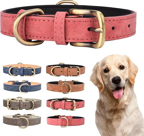 Leather Dog Collar for Small Medium Large Dogs Soft Breathable Padded Puppy Collar with Double D-Ring Adjustable Durable Strong Collar (Pink, L)