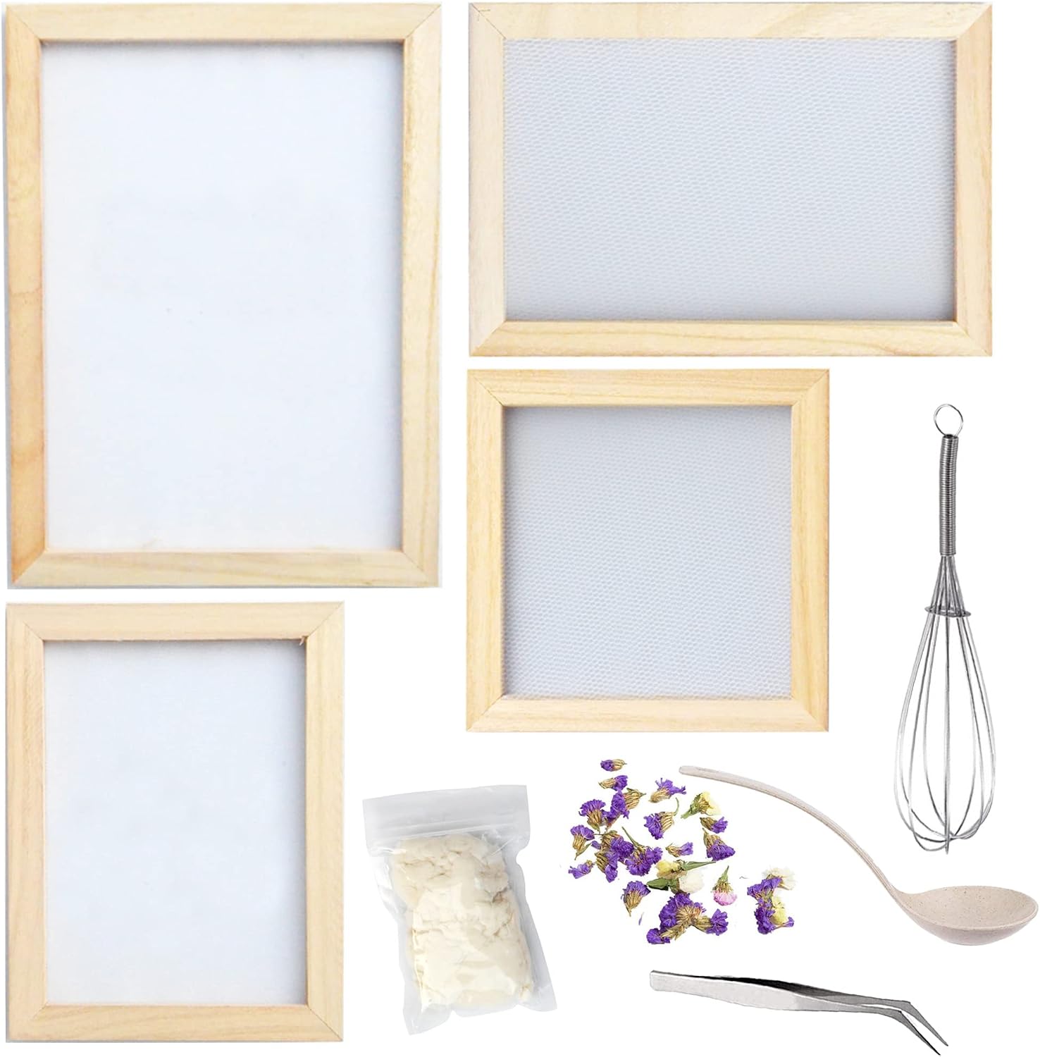 Cayway 10 Pack Paper Making Screen Kit Include 4 PCS Wooden Paper Making Mold Frame, Dried Flowers, Replace Mesh Cloth, Spoon Stirrer and Tweezers for DIY Dried Flowers Paper Craft